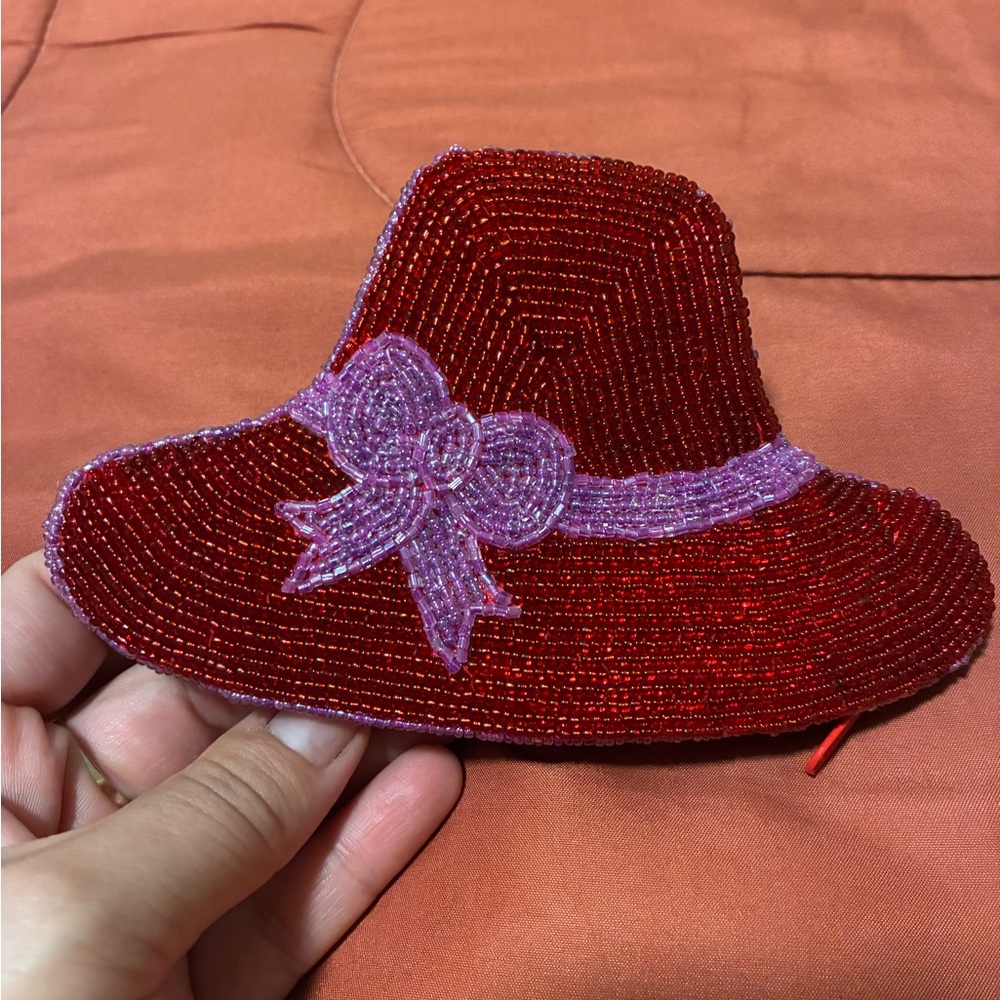 Red Beaded Hat  with Purple Bow coin purse
